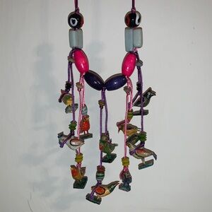 Boho Necklace, Many Painted Birds, Colorful, Adjustable Pink & Purple Cords Tie